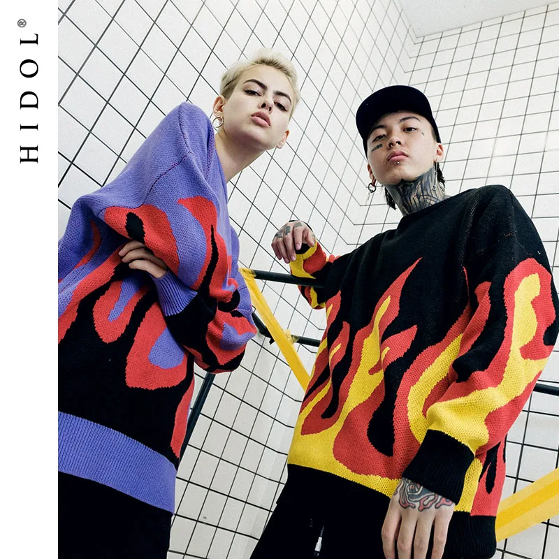 

2018 Oversize Contrast Color Flame Fire Pattern Sweaters High Street Letter BOOM Wool Pullover Men Loose Cotton Coats Hip Hop BF