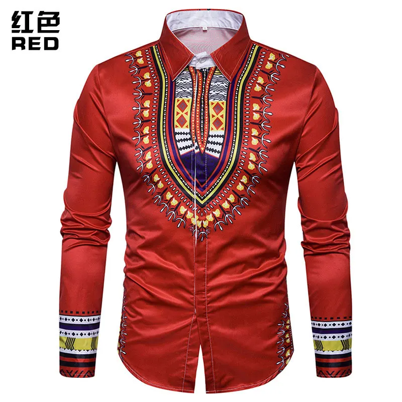 Мужские хипстерские африканские Дашики приталенные рубашки повседневные рубашки с длинным рукавом На Пуговицах Мужские традиционные африканские рубашки 3XL - Цвет: Red
