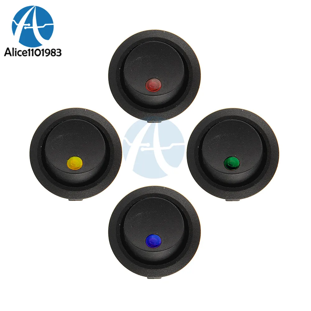 

12V LED Dot Light Car Switch Auto Boat Round Rocker 3Pin ON/OFF Toggle SPST Switch 4 Colors Blue Yellow Red Green Color