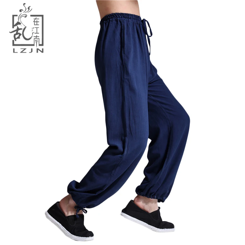 

LZJN Elastic Waist Men's Flax Pants Sand Wash Kung Fu Tai Chi Uniform Long Trousers Casual Linen Bloomers Joggers Pantalon Homme