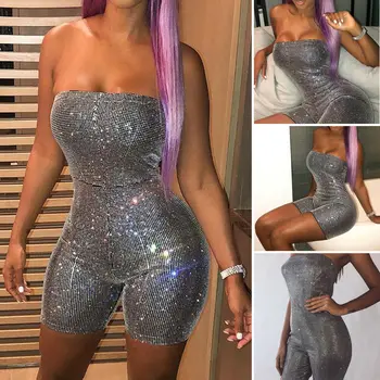 

Women Summer Sexy Strapless Clubwear Silver Playsuit Ladies Evening Party Bodycon Jumpsuit Romper
