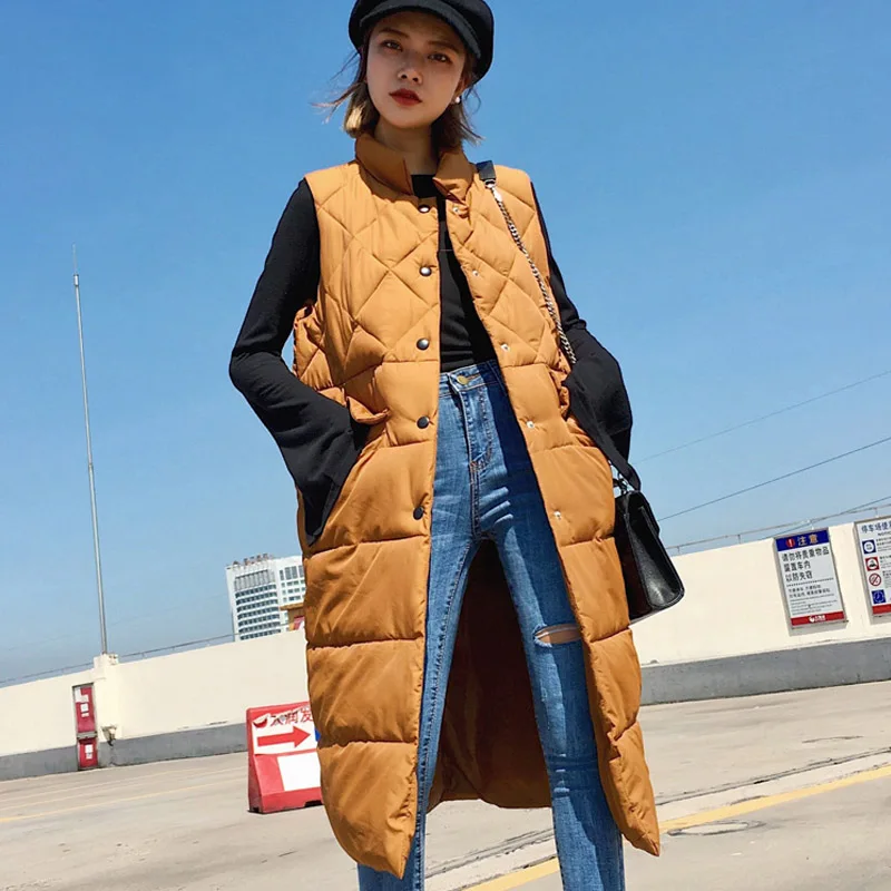 Cheerart Long Vest Winter Coat Women Sleeveless Down Jacket Slim Female Quilted Coat Femme Korean Waistcoat Colete