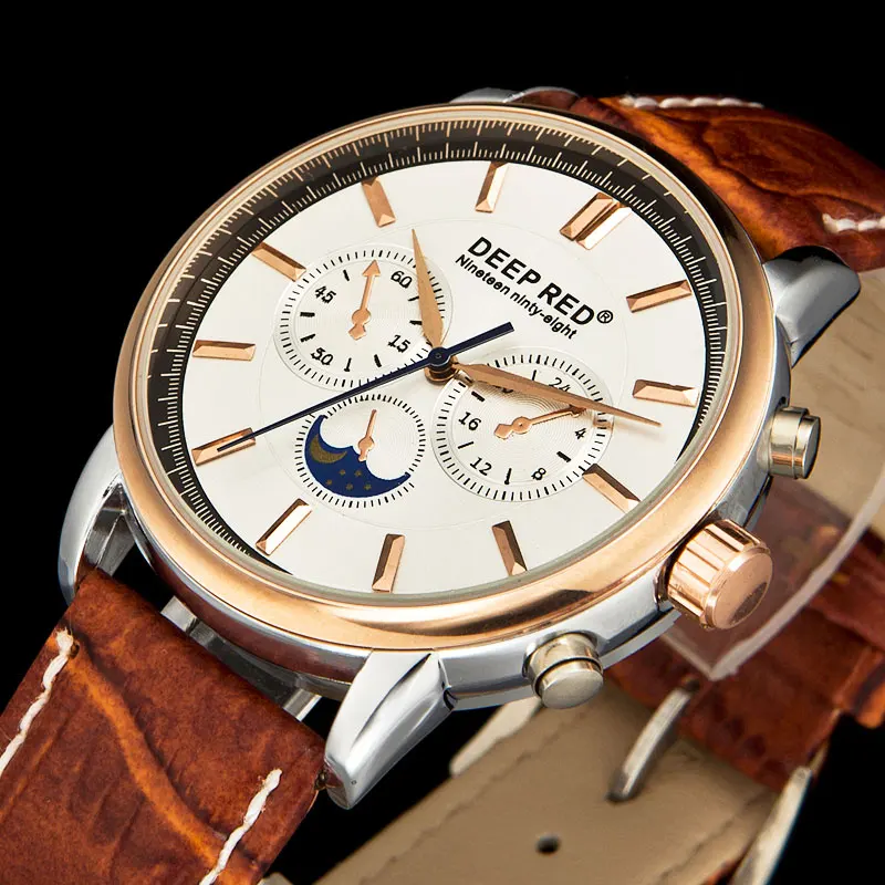 

DEEPRED Nice Gold Case Men Quartz Watch Mens Leather Strap Watches Men