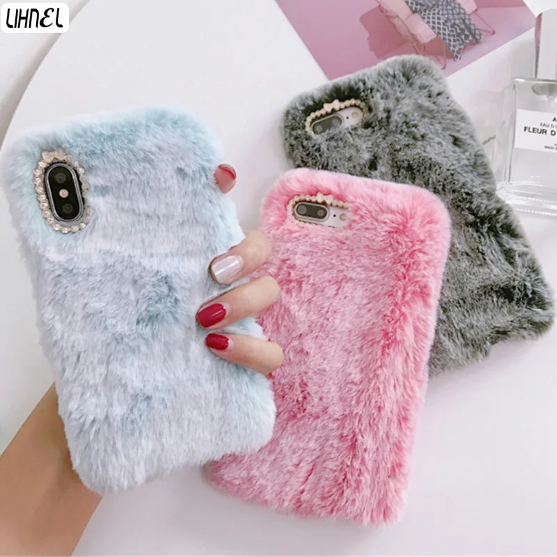 

Fluffy Case for iPhone X Winter Warm Rabbit Fur hairy Fuzzy Plush Case for Apple iPhone 6 6S Plus 7 7Plus 8 8Plus X XS Max XR