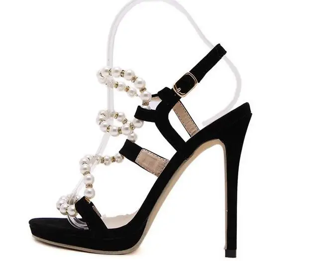 

2017 summer shoes women white black string bead women sandals 13 cm high heels sandals buckle ladies shoes fashion bridal shoes