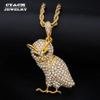 

Gold Silver Color Iced Out Animal Owl Pendant Full Rhinestone Bling Necklace Hip Hop Rapper Jewelry for Women Men Punk Necklaces