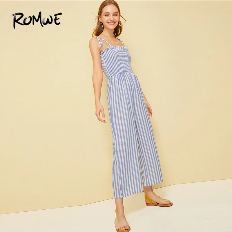 

ROMWE Shirred Bodice Striped Palazzo Jumpsuit With Tie Strappy Women Summer Spaghetti Strap High Waist Wide Leg Boho Jumpsuits