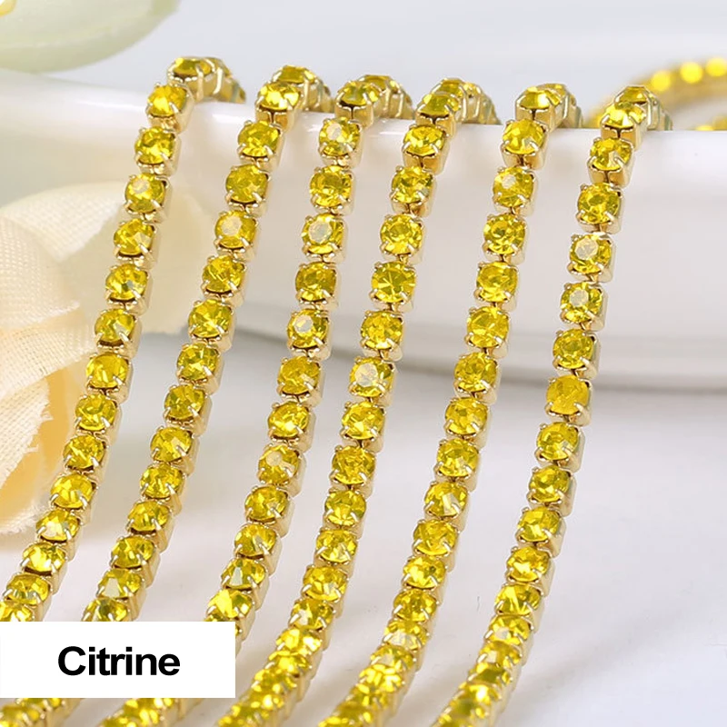 3yards/piece 17colors glass crystal Rhinestones chain, Gold bottom sew on Cup Chains For diy Sewing Clothes Accessories