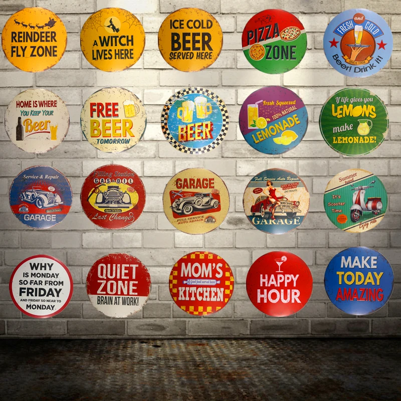 

Shabby chic Round Tin signs Beer Lemonade Garage Motor Art Poster Restaurant Coffee Cafe Bar Pub Home Wall Decor
