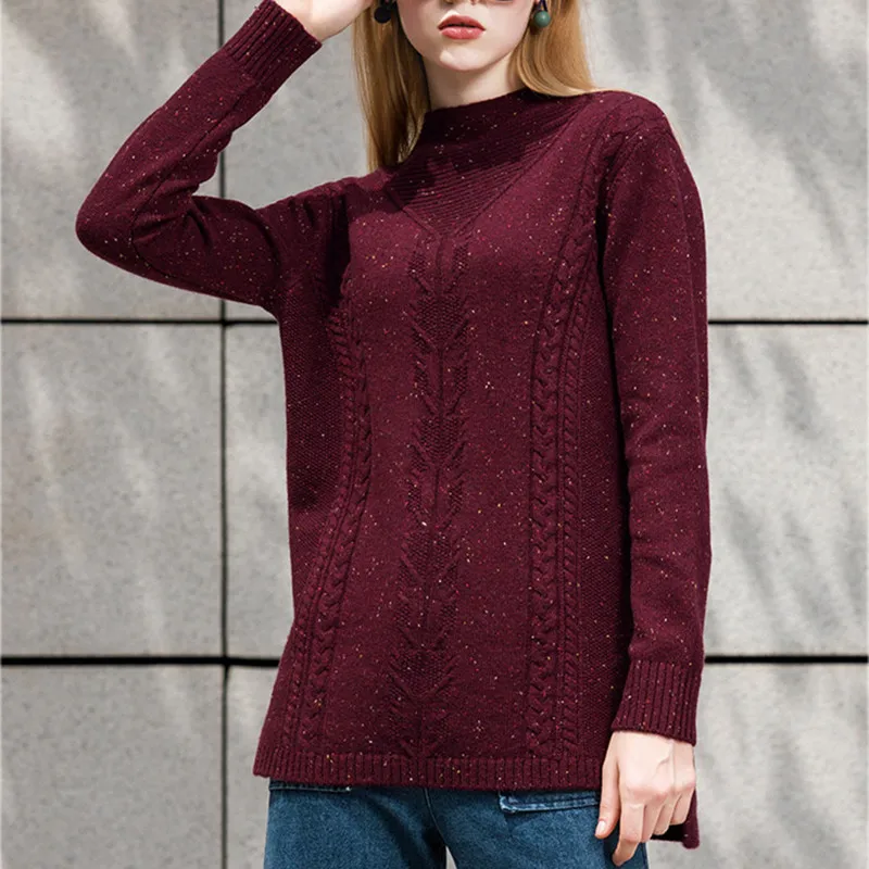  100%goat cashmere clip yarn twisted knit women fashion pullover sweater H-straight loose half high 