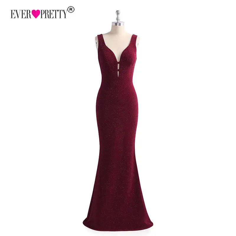 Ever Pretty длинное бордовое торжественное вечернее платье с блестками элегантное Русалка V образным вырезом платья для вечеринки с открытой спиной Robe De Soiree EP07417BD