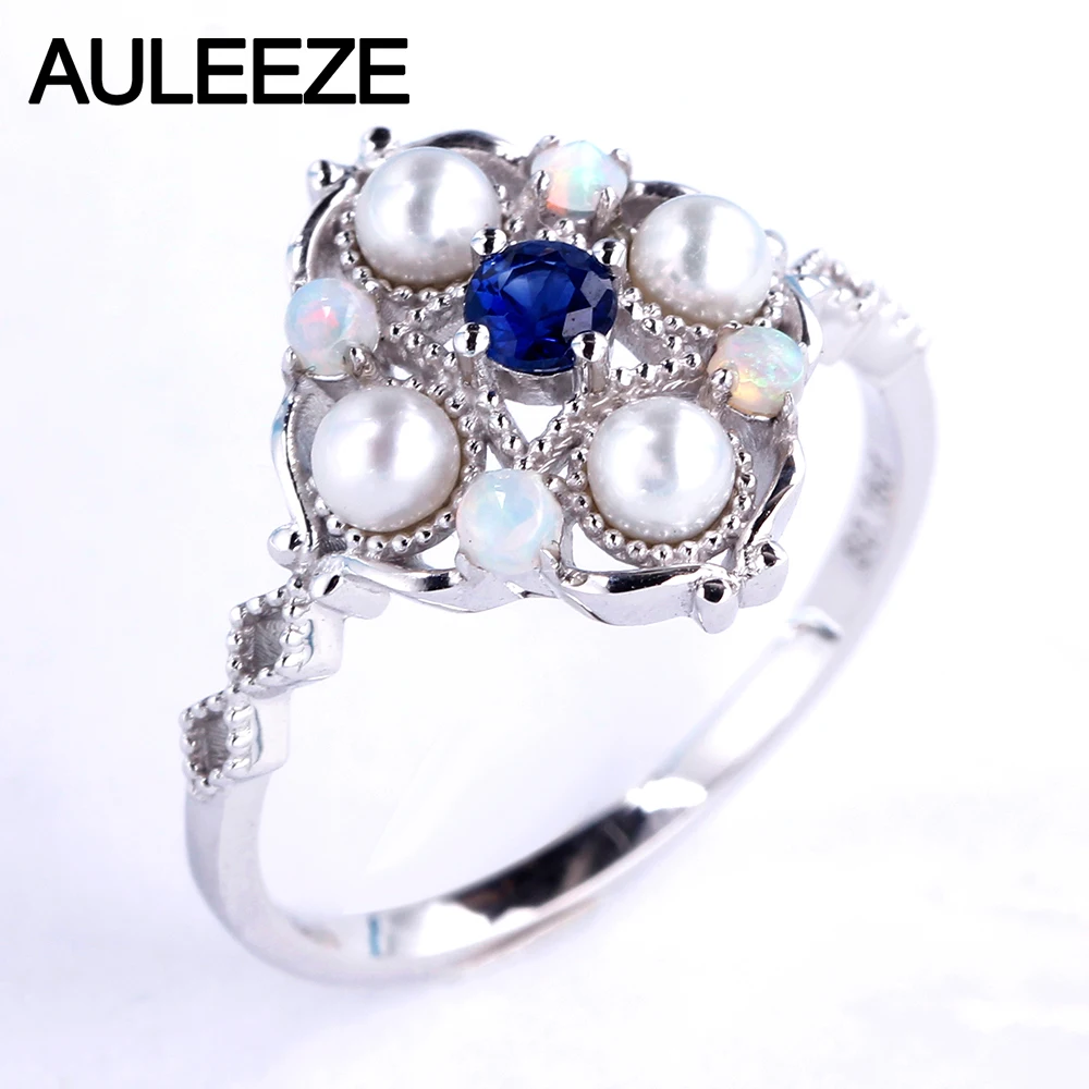 AULEEZE Genuine Sapphire Wedding Ring Natural Pearl Opal 18K 750 White Gold Rings For Women Vintage Gemstone Fine Jewelry | Украшения и