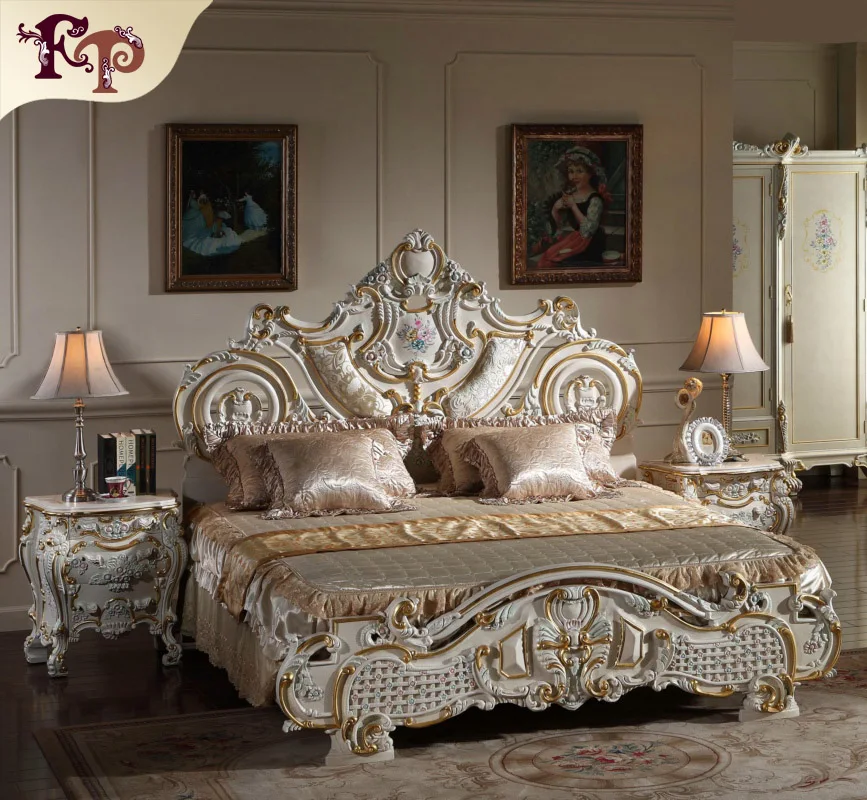 Image luxury wooden bedroom furniture   solid wood baroque leaf gilding bed   Free shipping