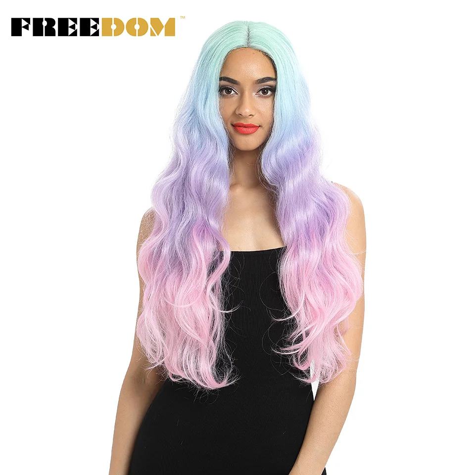 Pelucas delanteras de encaje sintético libertad onda Natural larga 30 pulgadas Omber Arco Iris Color rosa pelucas de pelo resistente al calor Cosplay de fibra pelucas