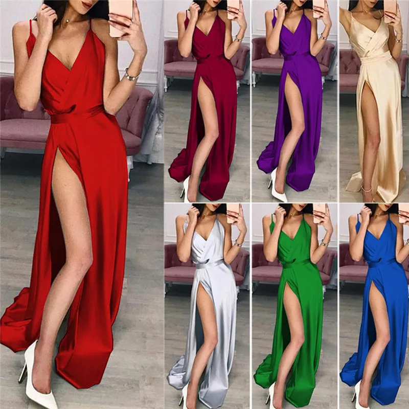 

Classic V-neck Sexy Slit Satin Dress Long Silk Ladies Evening Party Dresses Split High Waist Elegant Club Dress CC1483
