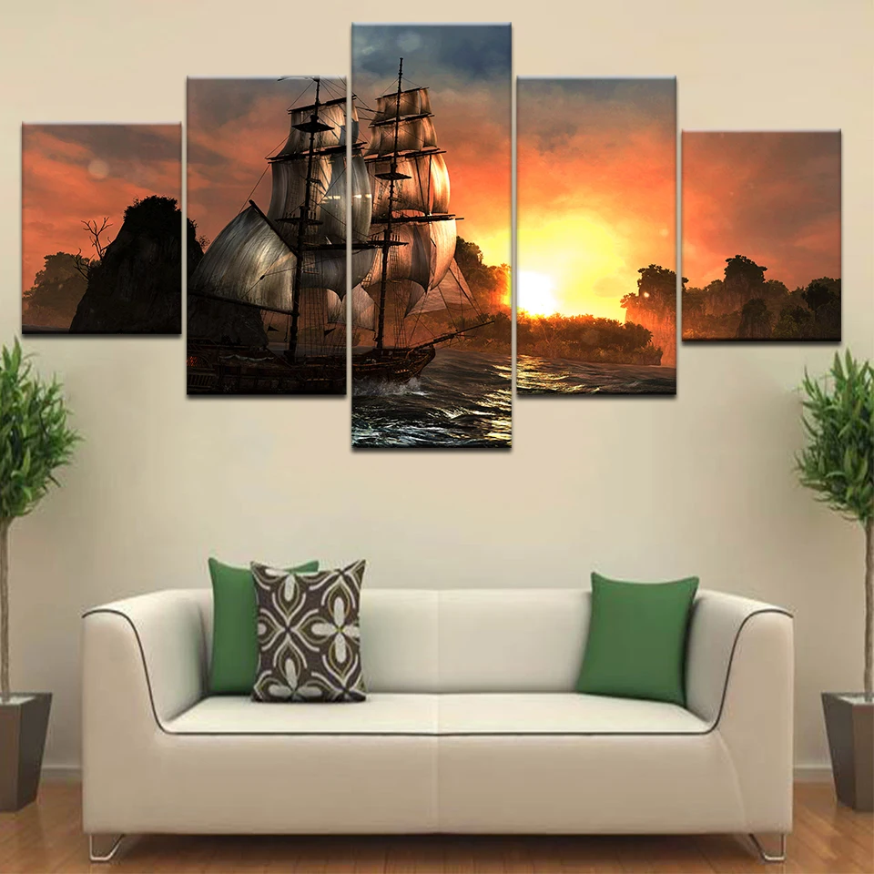 

HD Prints Pictures Modular Canvas Wall Art Frame 5 Pieces Sunset Sailboat Seascape Paintings Home Decor Boat Sailing Posters