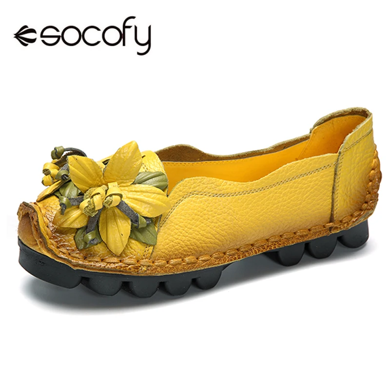

Socofy Vintage Flower Genuine Leather Flat Shoes Women Loafers Soft Sole Slip On Casual Women Shoes Woman Handmade Floral Flats