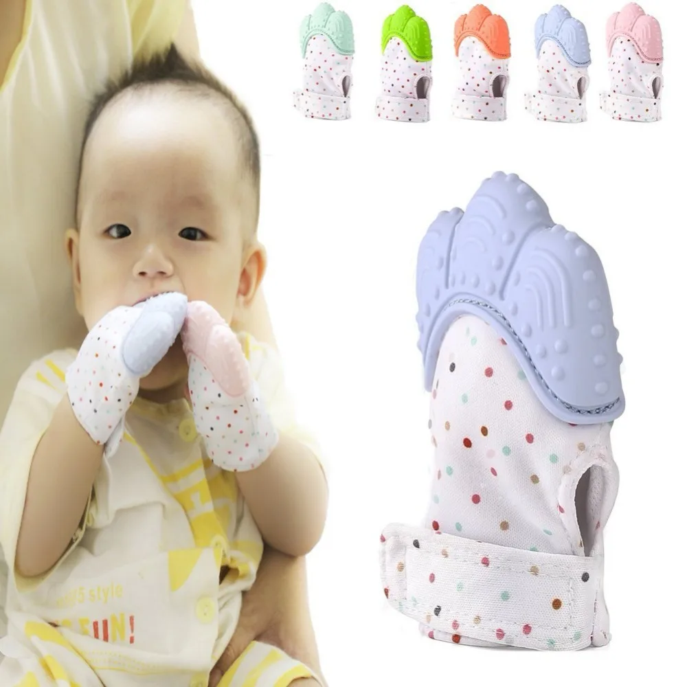 

Hot Selling Baby Teething Mitten Self-Soothing Pain Relief and Teething Glove BPA FREE Safe Food Grade Teething Mitt