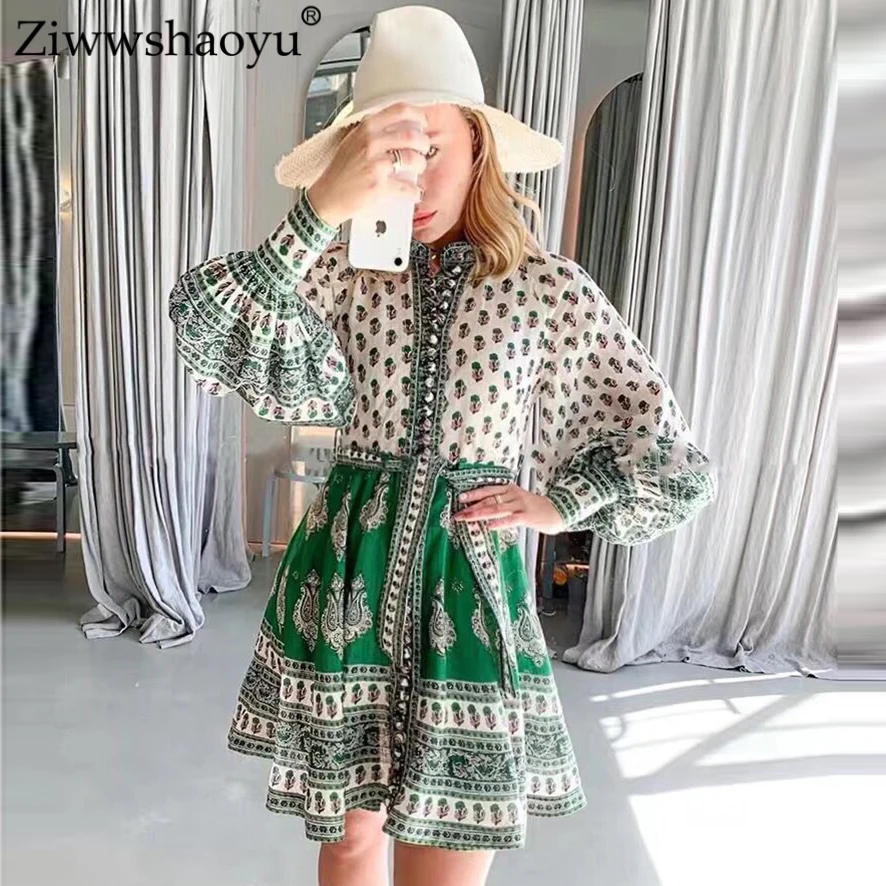 

Ziwwshaoyu Vacation Print dresses Stand Sashes Puff Sleeve temperament Slim dress Spring and summer new women's