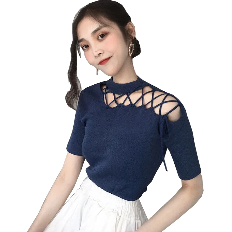 

Women O-neck Hollow-out Knitted Short Sleeve Cropped T-shirts Tops Girls Knitting Elastic Tee Shirts For Woman