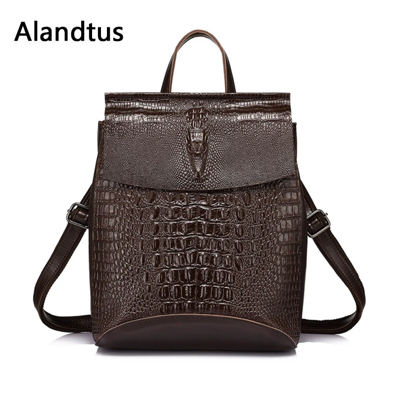

Alandtus Genuine Leather Women Serpentine Print School Backpack Casual Travel Backpacks For Teenager Girls Preppy Style Bagpacks