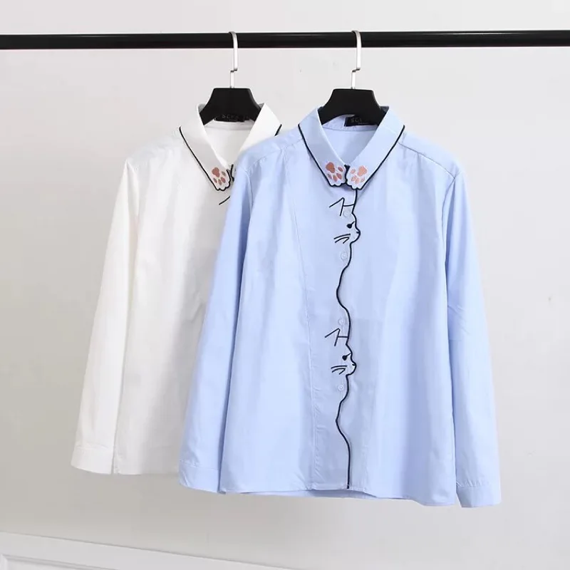 

Ubetoku 2018Women's Spring Autumn Blouse Shirt Full Sleeve Cute Cat Embroidery Tops Plus Size Women Clothing(T195)