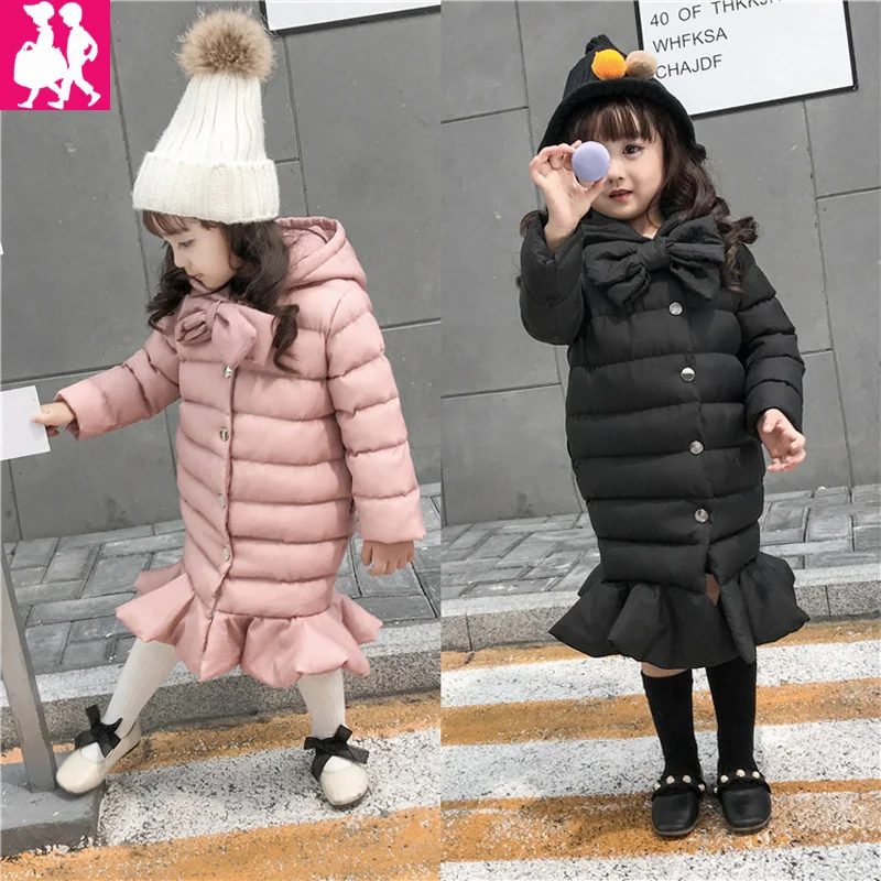 

2018 New Girls Winter Coat Baby Girl Warm Outerwear Cartoon Pattern Kids Clothes Hooded Jacket Cotton Fishtail Bowknot