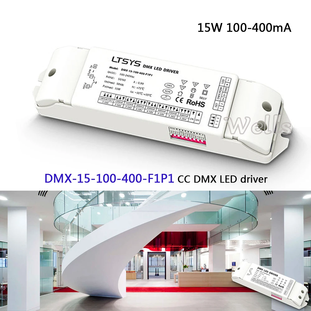 

DMX-15-100-400-F1P1; dimming led driver power;100-240VAC input 15W 100-400mA output CC DMX512/RDM led Driver