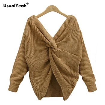 

5 colors V Neck Twisted Back Sweater Autumn Winter Women Jumpers Pullovers Casual Tops Long Sleeve Knitted Sweaters pull femme