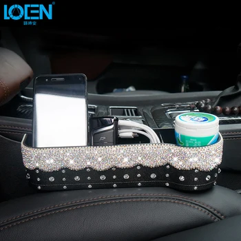 

LOEN Universal Car Organizer White Red Rhinestones PU Leather Car Seat Crevice Storage Box Cup Holder Accessories For Girls