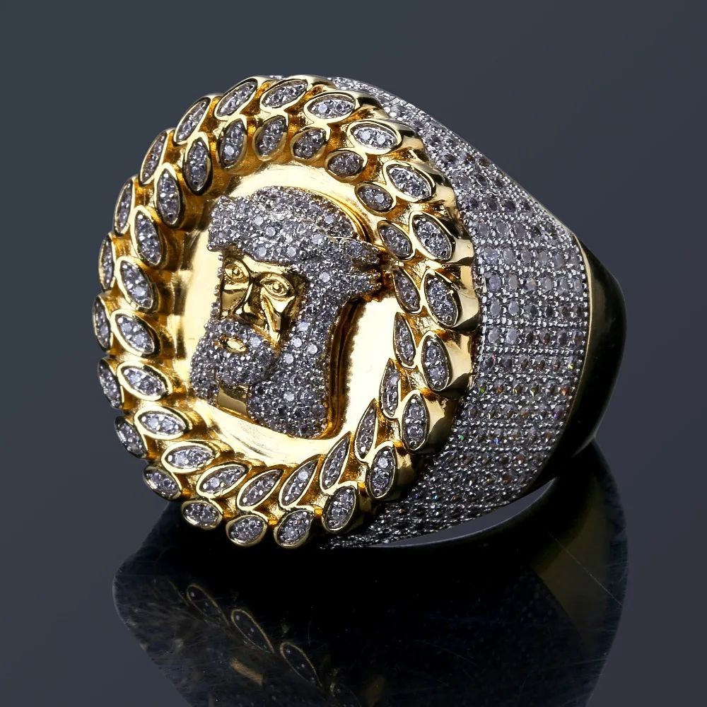 

New Punk Style Jewelry Micro Paved Iced Out AAA Cubic Zirconia Jesus Head Shaped Bague Hip Hop Men's Ring 5 Size