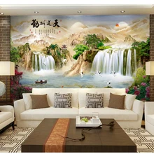Классические модные трехмерные современные шелковистые обои, пейзаж, водопад, ТВ, диван, полный дом, обои для стен