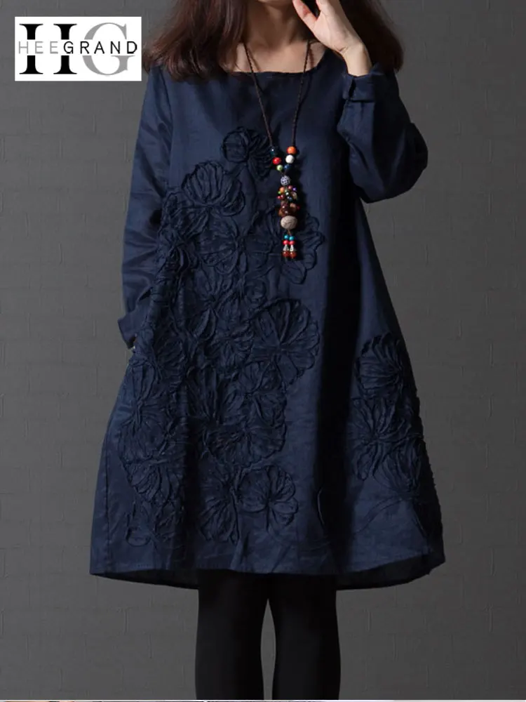 

HEE GRAND 2018 Autumn Loose Linen Retro Women Dress 3XL Embroidered Print Dress Casual Oversize Long Sleeve Vestidos WQL5723