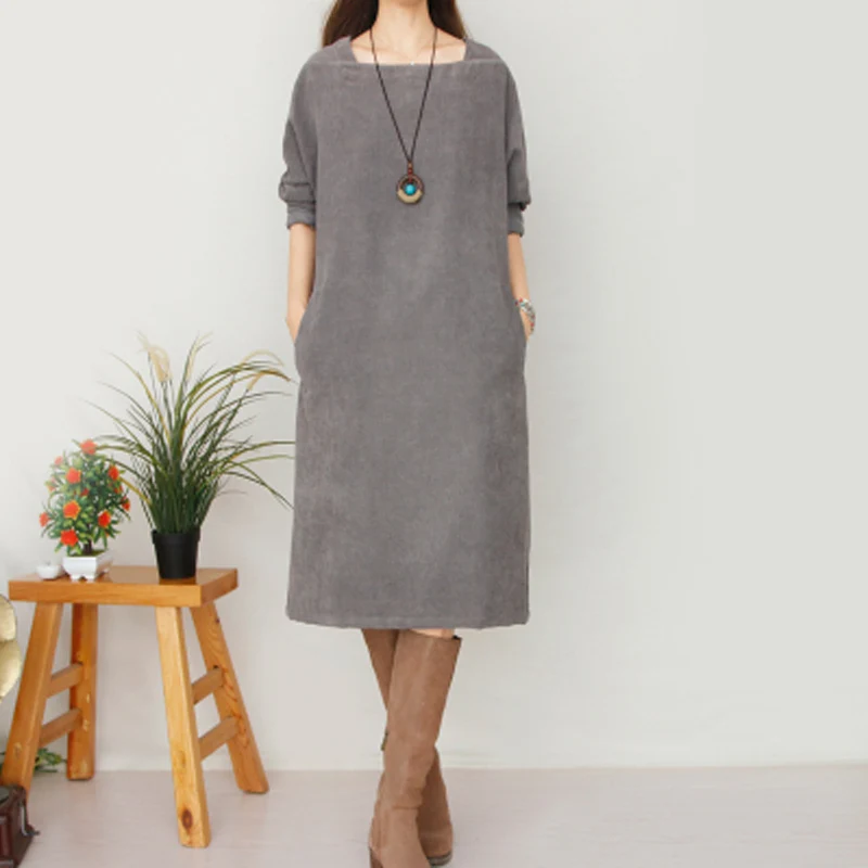 

SCUWLINEN 2019 Spring Autumn Women Dress Vintage Corduroy Long-sleeve Square Collar Casual Loose Knee-length Dress Vestidos S409