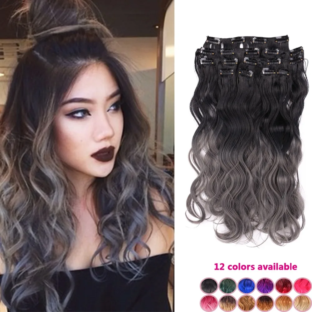 8pcs/lot 18inch black and grey ombre hair Brazilian synthetic body wave full head clip in hair extensions weave heat resistant
