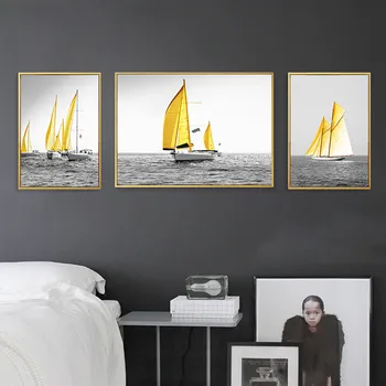 

RuoGuan Nordic Poster Modern yellow sailboat canvas painting seascape Wall Pictures For Living Room Decor No Frame SH-807