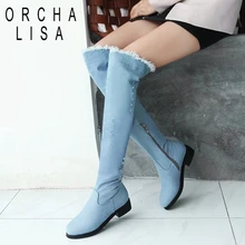 ORCHA LISA/женские джинсовые сапоги до колена; теплые зимние высокие сапоги; женская обувь на низком толстом каблуке с круглым носком; женские сапоги; C901