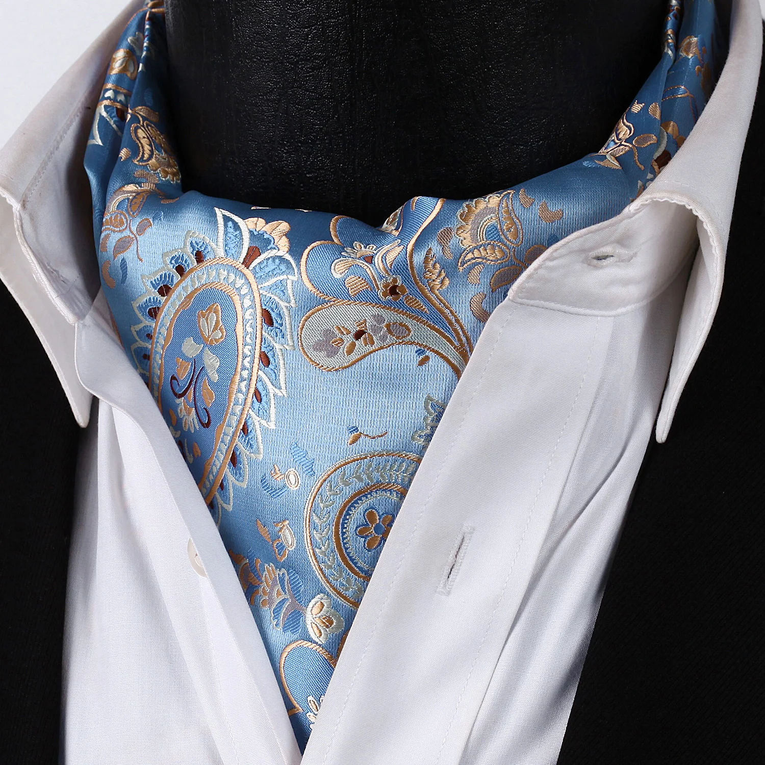  RP928BS Blue Gold Paisley Men Silk Cravat Scarves Ascot Tie Handkerchief Set Party Classic Pocket S