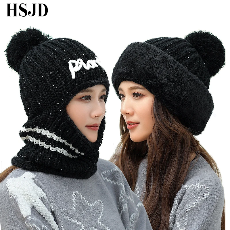 

Hats Balaclava Winter Knitted Beanie Hat Neck Warmer Women's Hats Female Fashion Sequins Multi Functional Skullies Beanies Caps