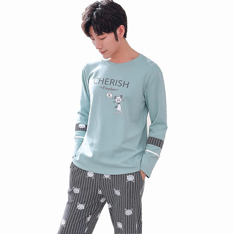 

2019 Winter New Korean Style Men's Pajamas Set Long Sleeve Cotton pajamas pullover Round Collar Cotton Comfort Household Clothes