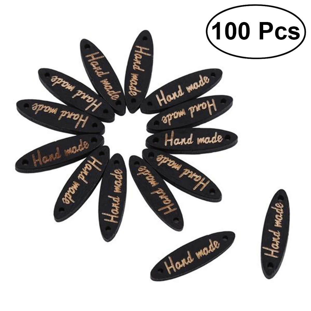 

100pcs Handmade Wood Buttons Name Plates Wooden Labels Tags 2 Holes Sewing Crafts Accessories with Hand Made Lettering (Black)