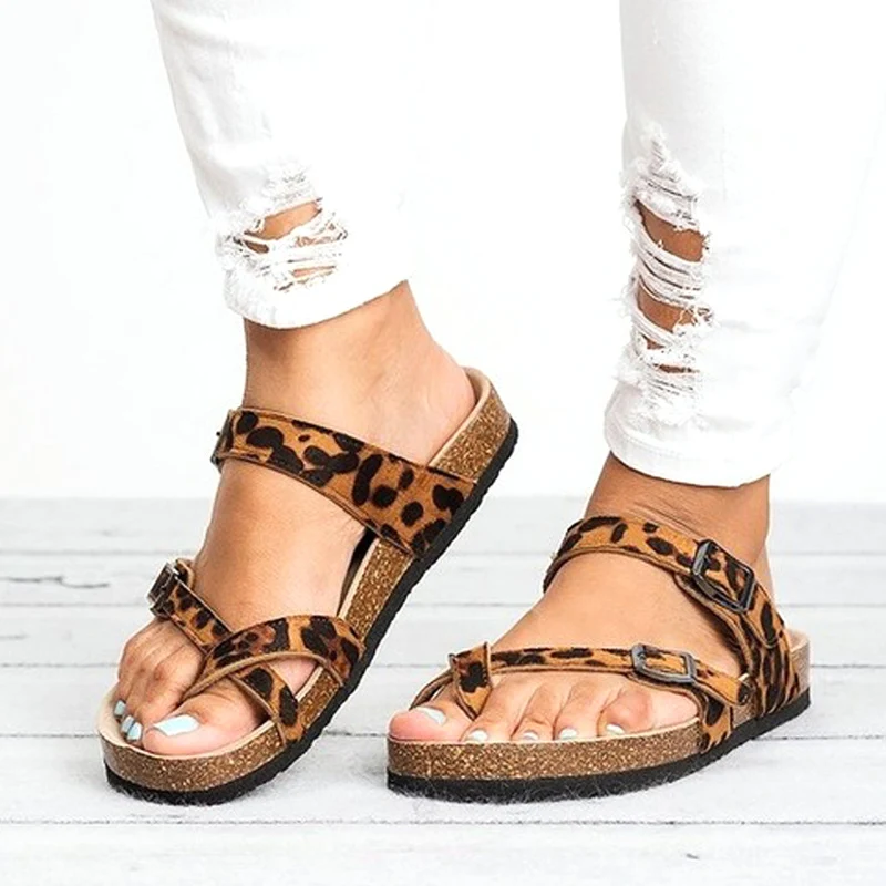 

Leopard Women Soft Cork Sandals Summer Flat Heels Fashion Casual Shoes Woman Slides Slip On Lady Slippers Sandalias Mujer