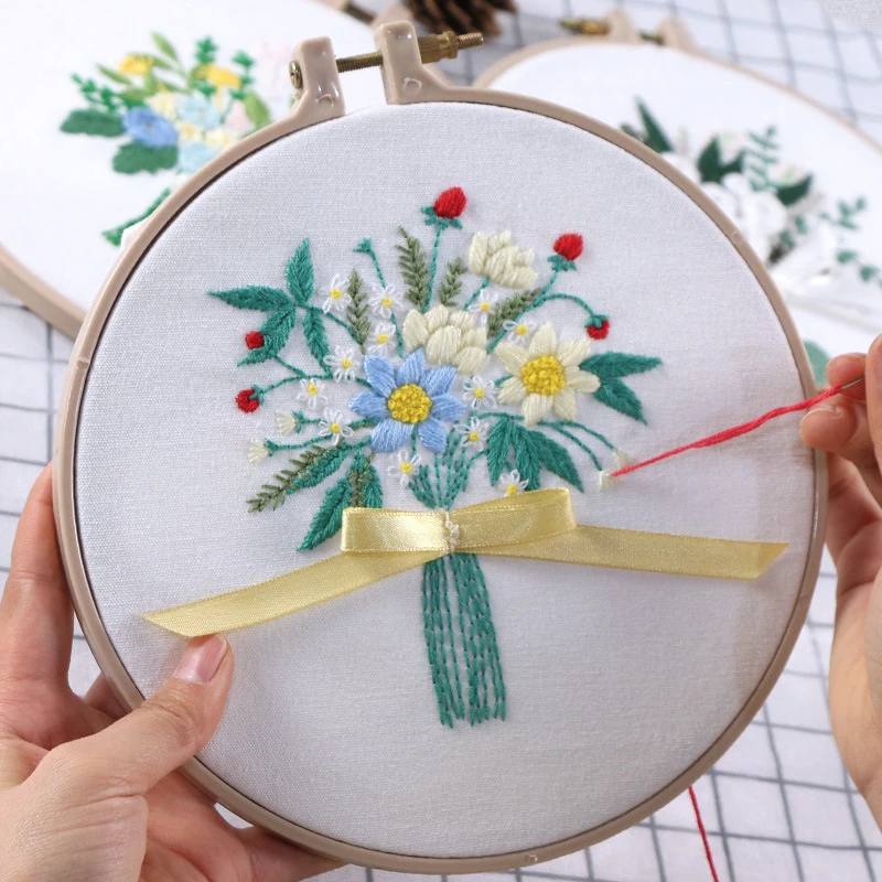 DIY Embroidery Kits Flower Pattern Cross Stitch Needlework W// Hoop For Beginner