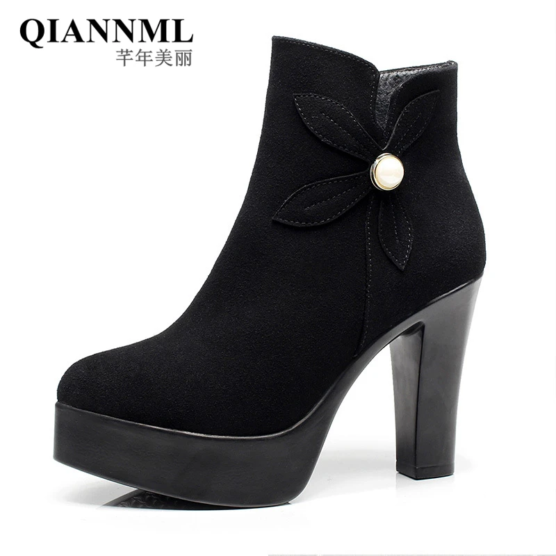 

Plus Size Women's Winter Boots 2019 Block Heels Ankle Boots for Women Flock Short Plush Short Boots High Heels Black Shoes