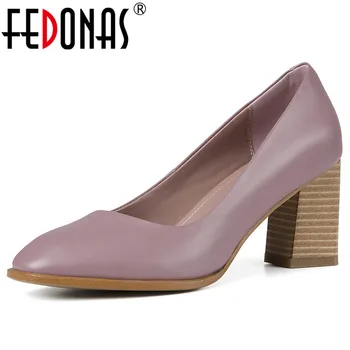 

FEDONAS New 2019 Women Genuine Leather Square High Heels Pumps Elegant Party Wedding Shoes Woman Slip On Office Pumps