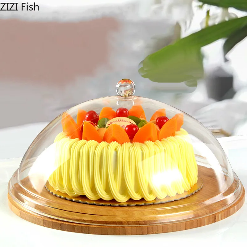 

Chinese Style Round Transparent Acrylic Lid Wooden Pallets Cake Pan with Lid Cake Display Tray