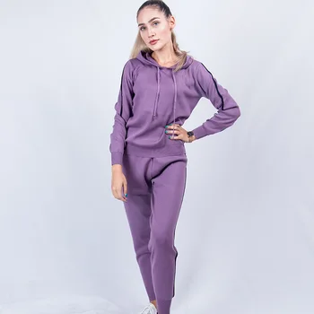 

Autumn knitting sweater women tracksuit hoodies long pants stripes two piece set solid casual outfits