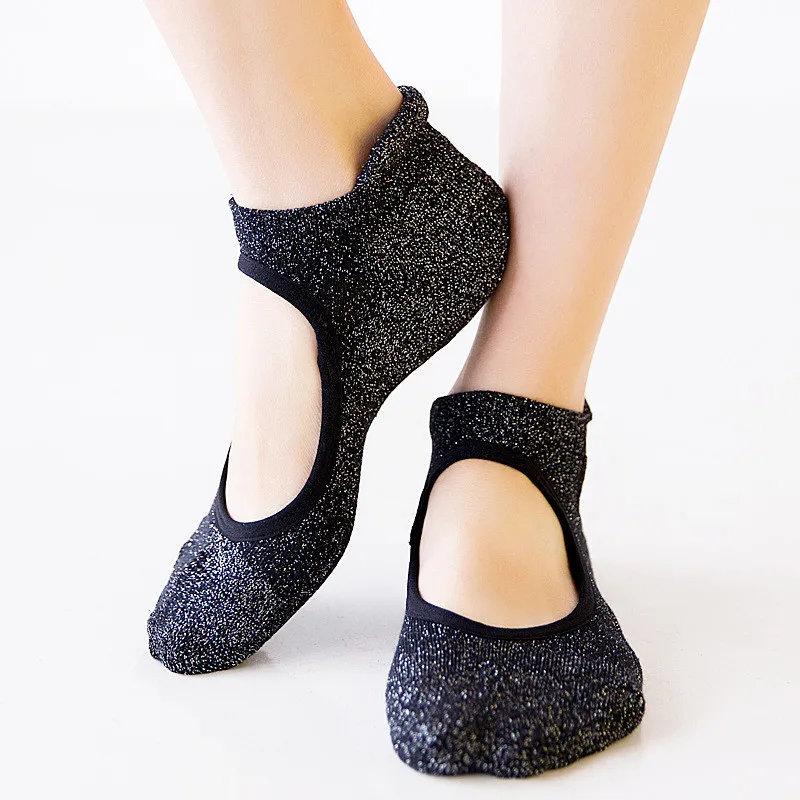 1 Pair Women Solid Color Cotton Yoga Socks Cross Bandage Backless Anti slip Sports Socks for Pilates Dance Ballet Gym Fitness