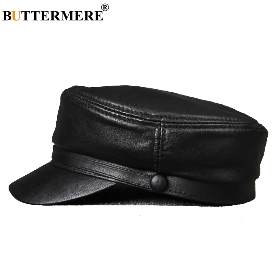  BUTTERMERE Leather Military Caps For Men Black Casual Flat Caps Army Women Genuine Leather Vintage 