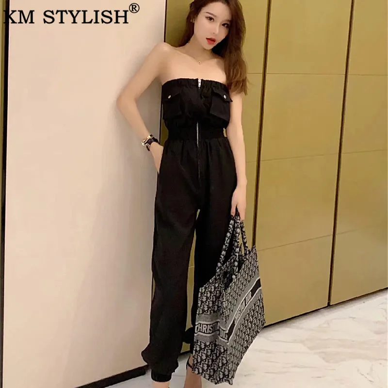 

2019 Summer New Temperament Off the Shoulder Tube Top Black Jumpsuit Female High Waist Thin Feet Pants Thai Jumpsuit Tide